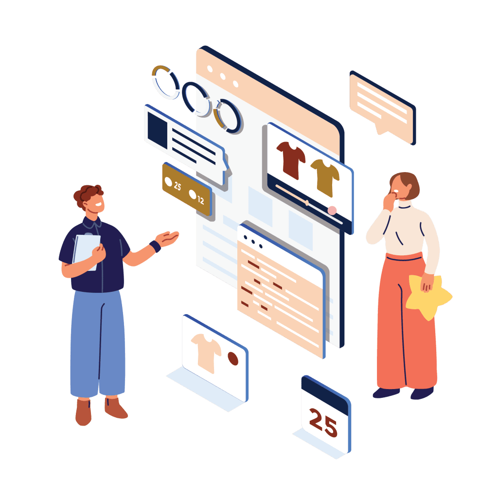 Illustration of two people reviewing features of a uniform tool.