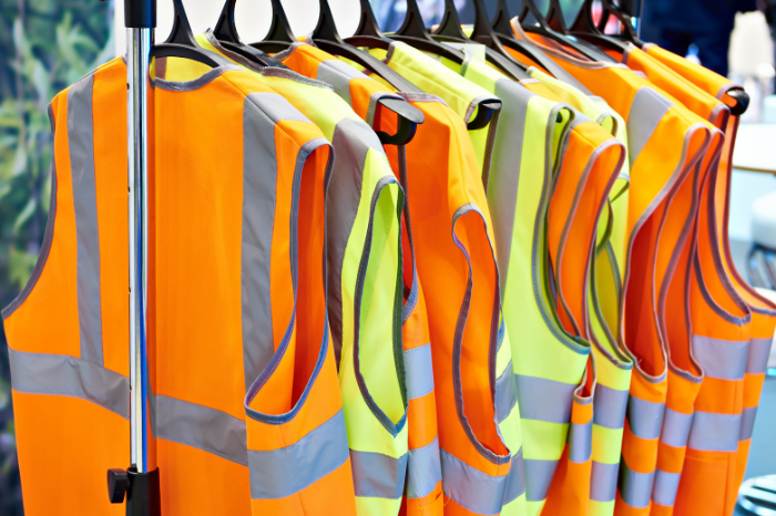 rack of high-visibility safety vests