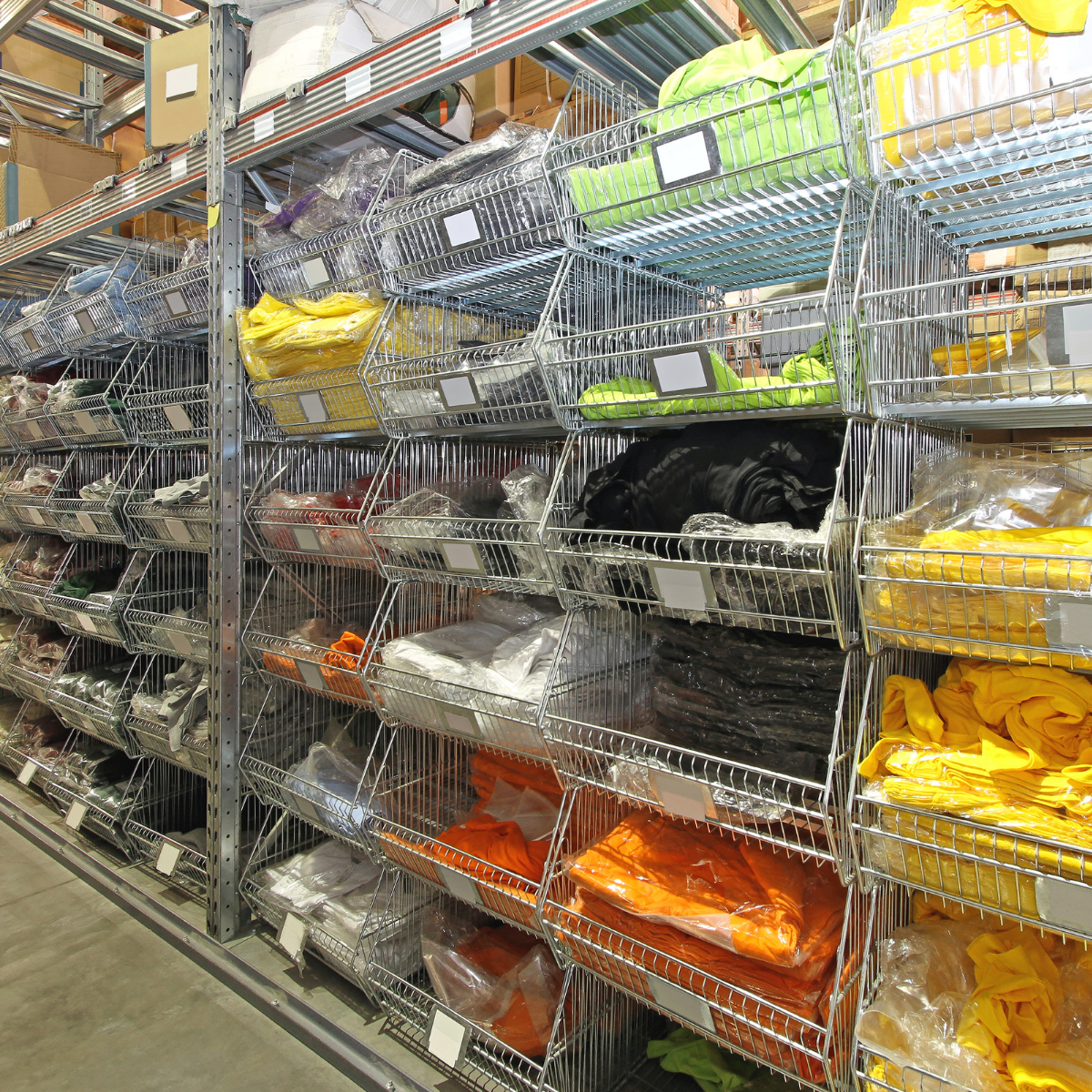 Racks of uniforms in a warehouse waiting for distribution