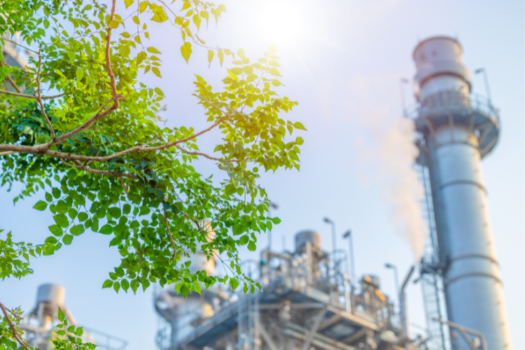 Manufacturing Facility with green trees and a bright sun