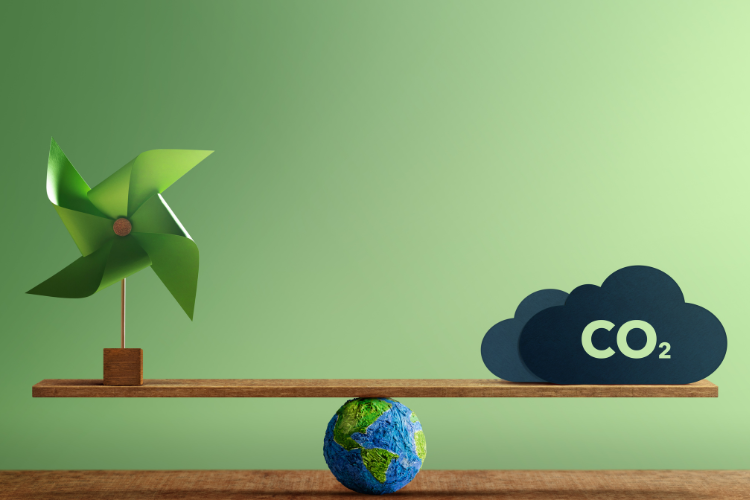 Sustainable Materials illustration with CO balanced on top of the world