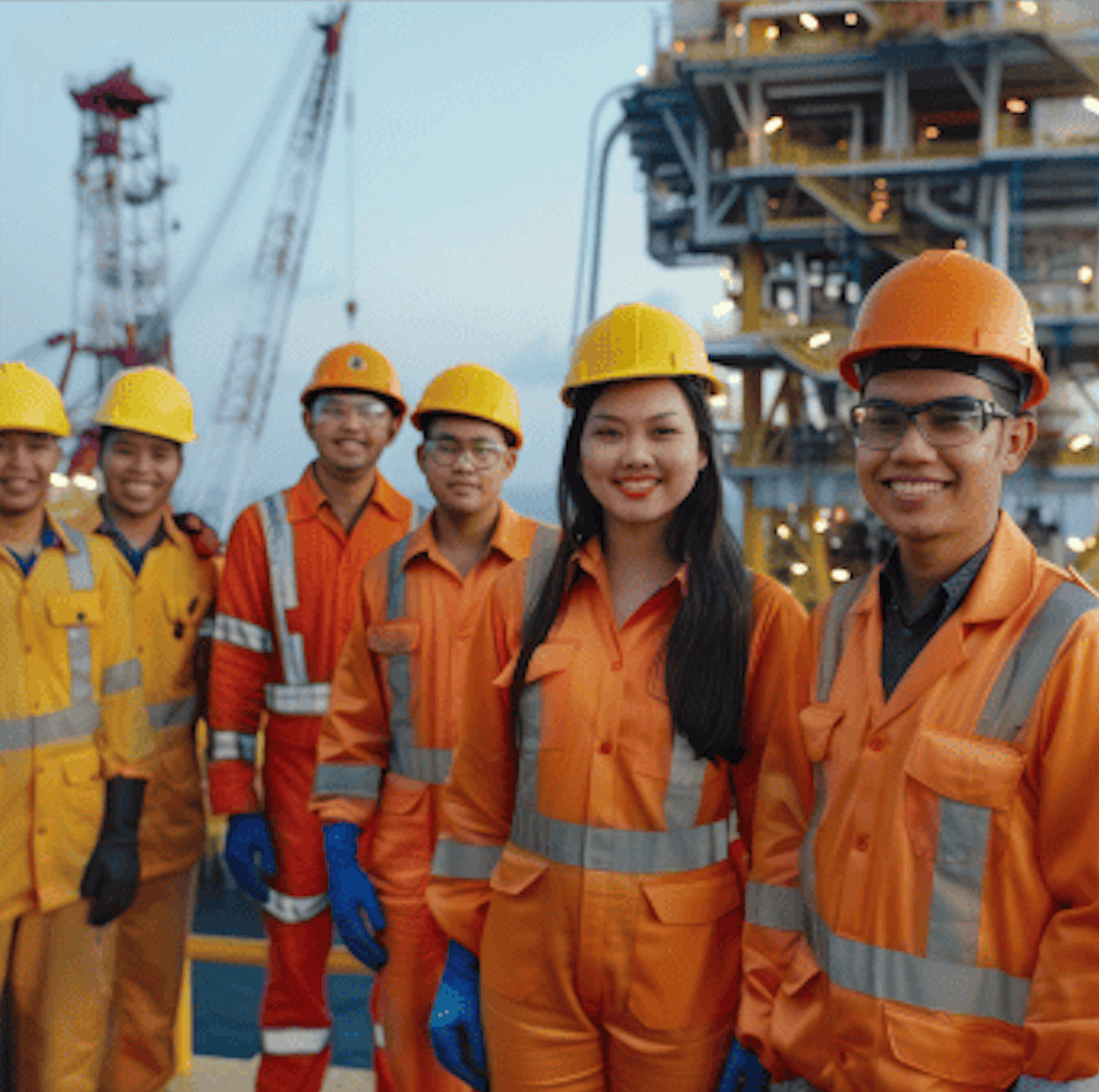 A diverse group of industrial workers in a factory giving a thumbs-up, showcasing high-quality and durable uniforms, including custom workwear, safety vests, and branded apparel.