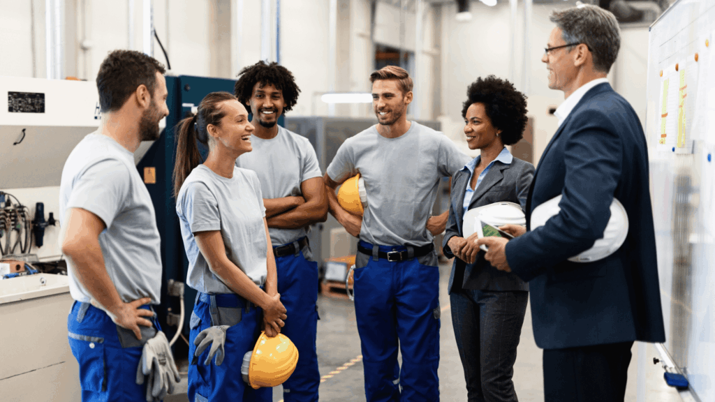 A group of diverse employees in branded uniforms and safety gear, including hard hats, smiling and talking to a supervisor in a professional setting, demonstrating positive team interaction and a successful managed uniform program.