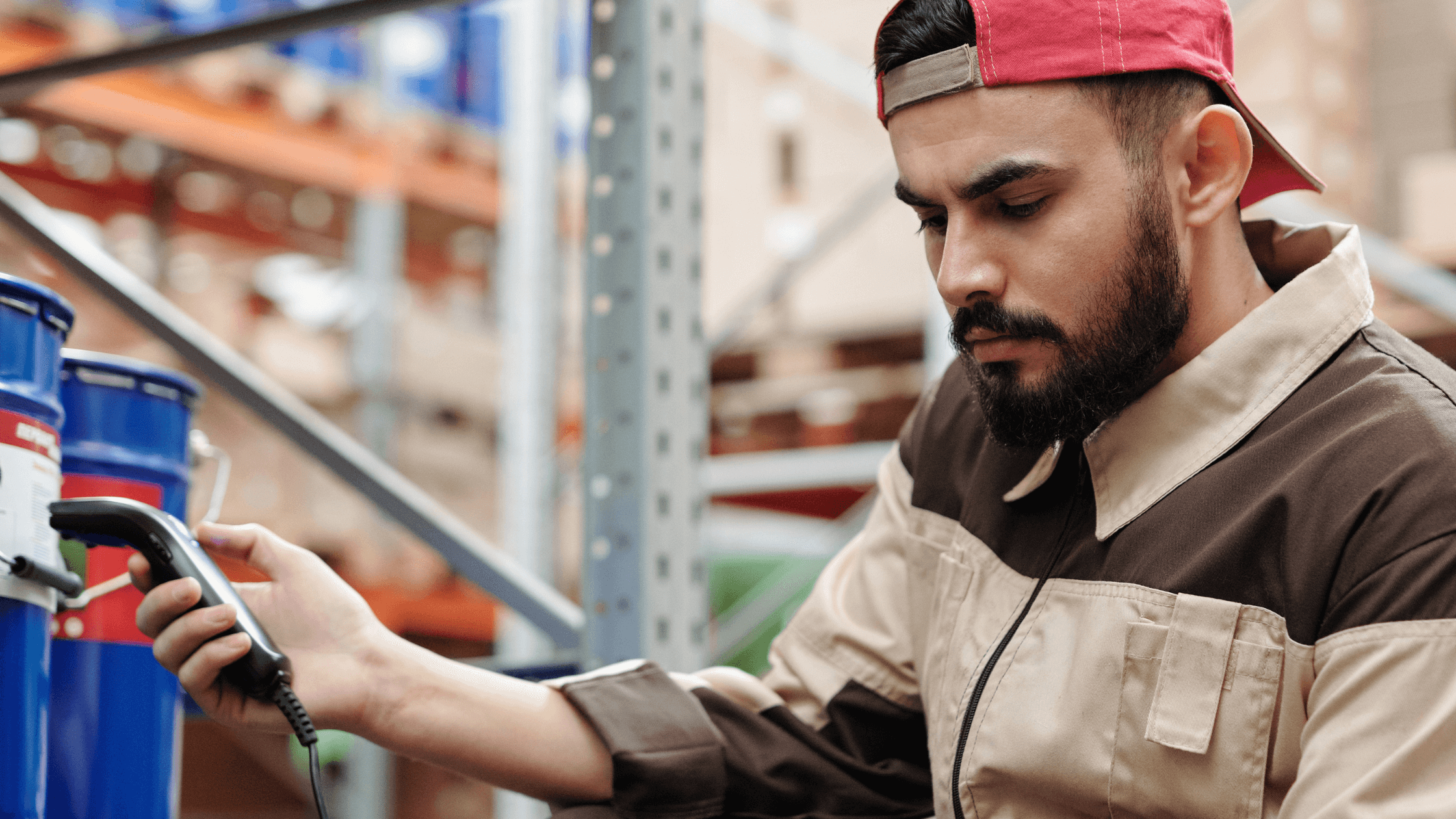 A man in a brown and beige work uniform and a red cap uses a barcode scanner to manage inventory in a warehouse, representing the streamlined, technology-driven process of modern uniform procurement.