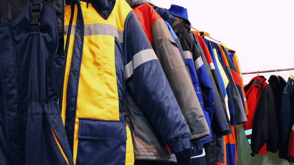 A rack of professional, colorful, and durable work jackets and uniforms hanging in a storage area, representing the physical inventory of a traditional uniform program.