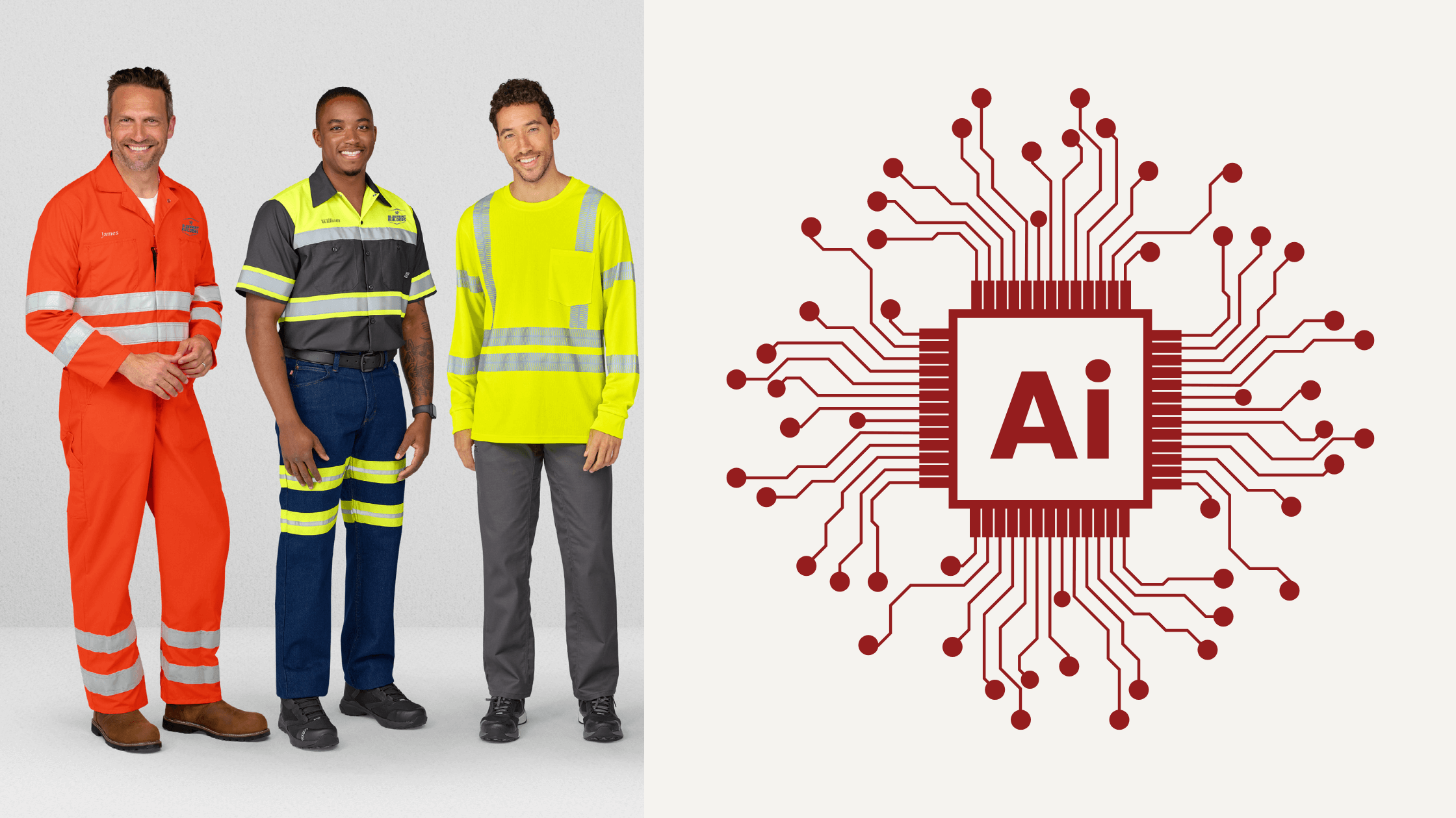 A team of diverse employees in an industrial setting, wearing custom industrial uniforms and high-visibility safety work uniforms, giving a thumbs-up to signify satisfaction with their workwear and professional uniforms.