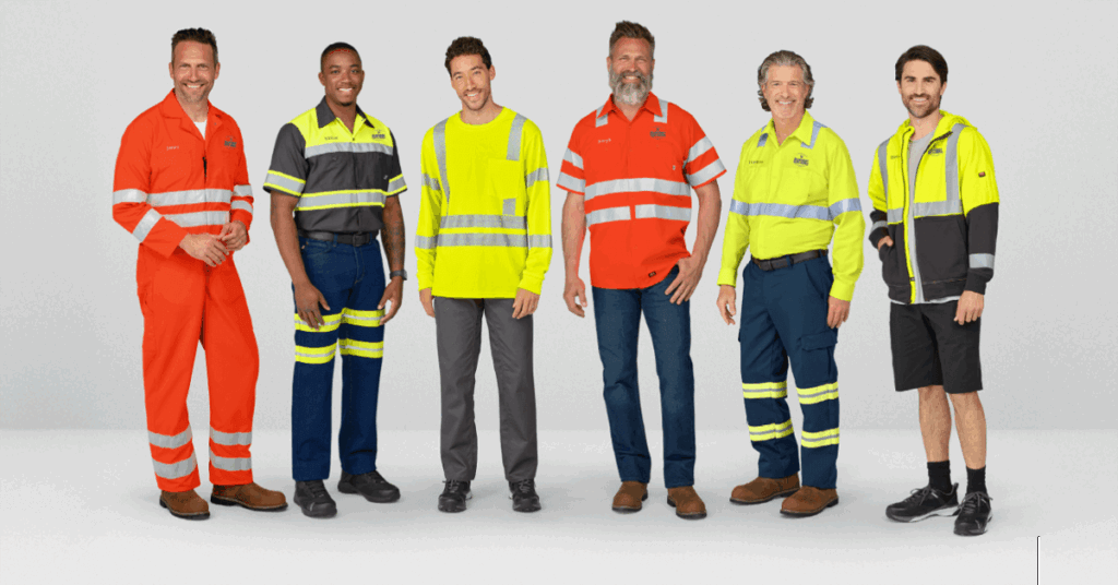 A diverse group of six workers wearing various styles of ANSI/ISEA 107-compliant high-visibility safety apparel, featuring both orange and lime yellow Class 2 and Class 3 garments for roadway and public safety environments.