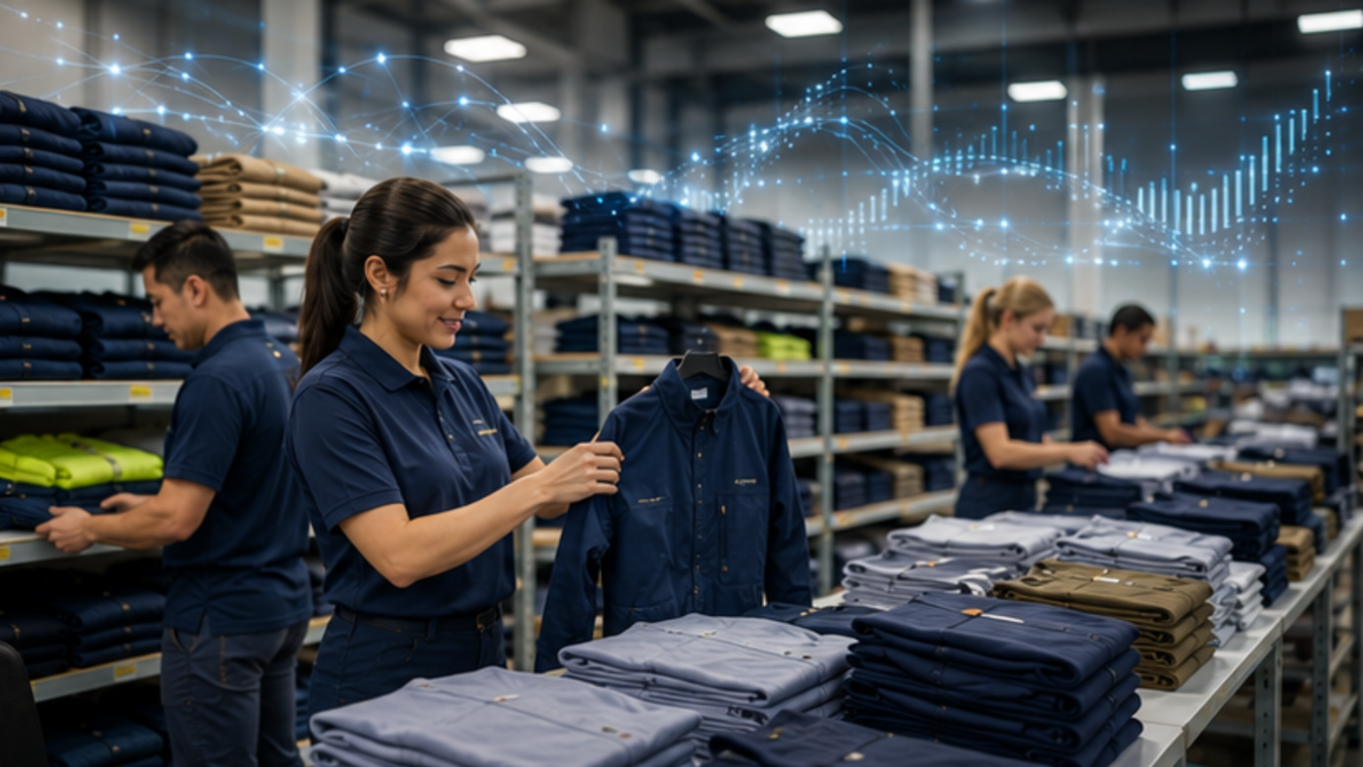Warehouse team reviewing uniform inventory data to reduce waste while preserving employee choice