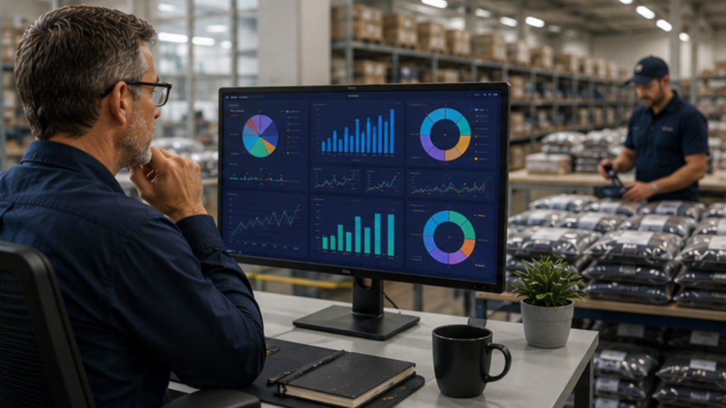 Operations leader reviewing real-time uniform program data and reporting dashboard