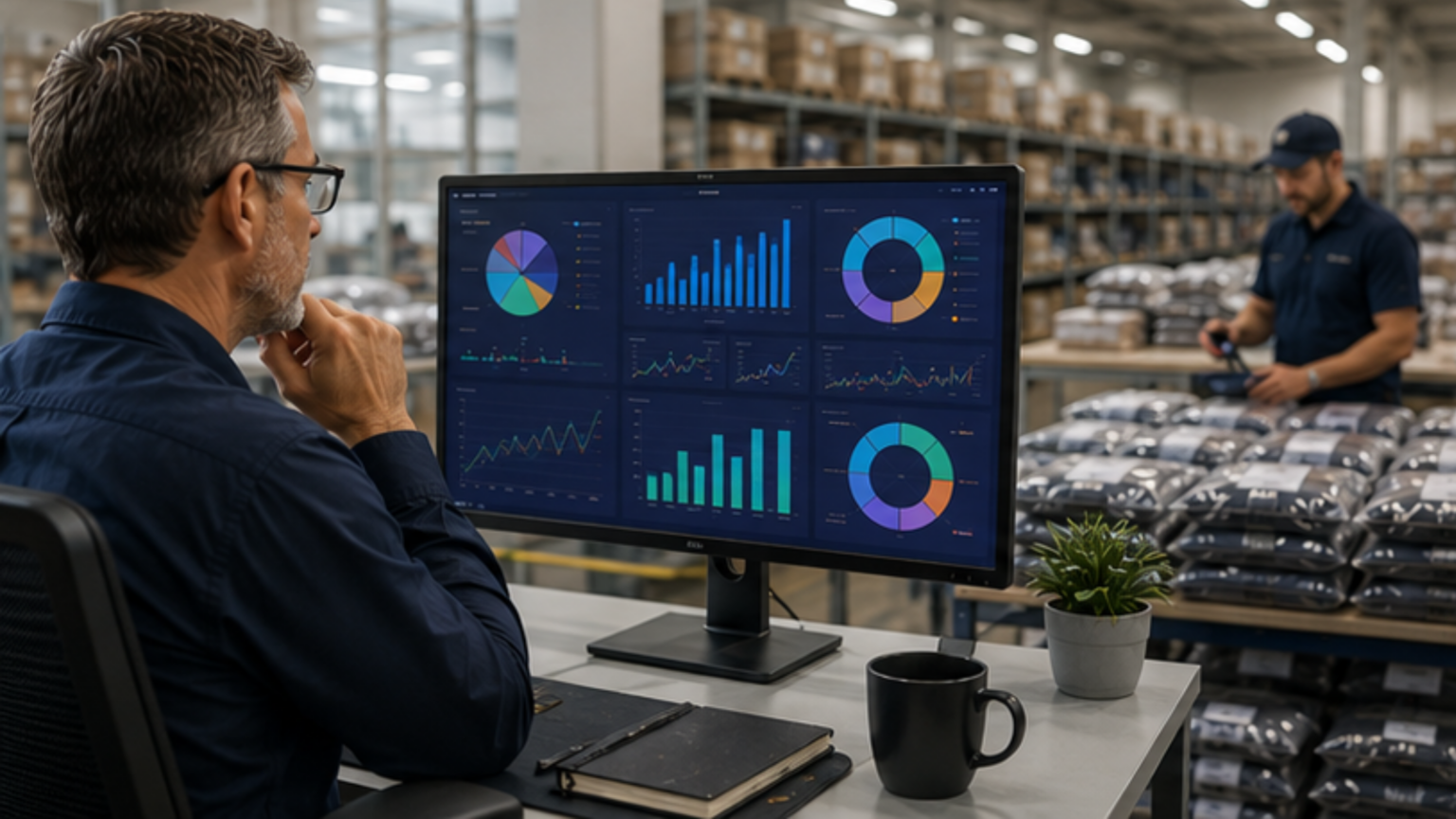 Operations leader reviewing real-time uniform program data and reporting dashboard