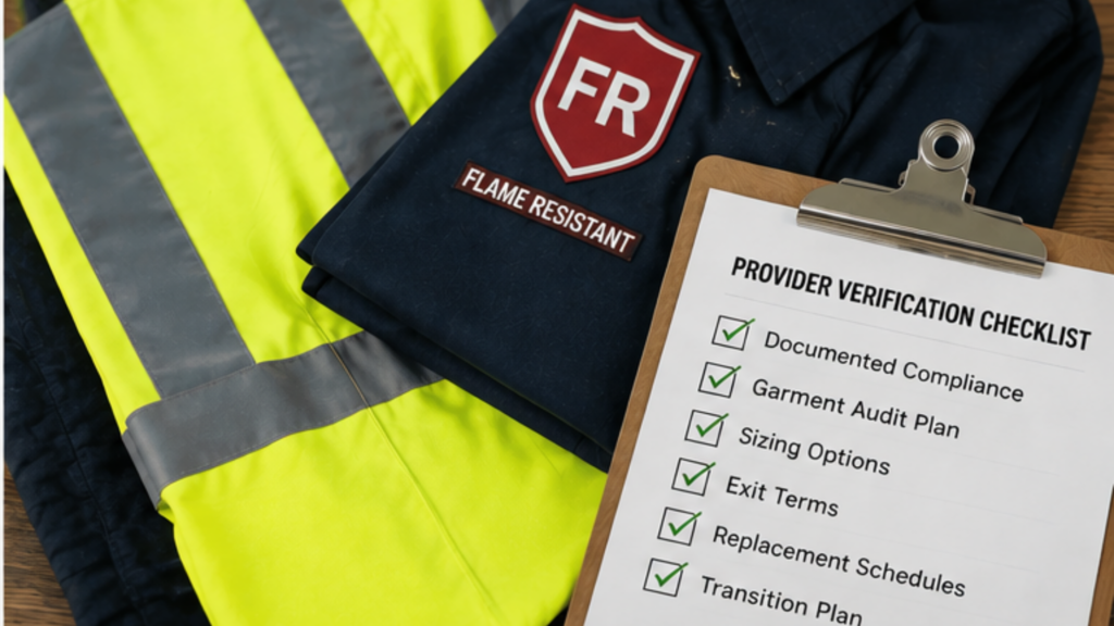 Safety manager inspecting flame resistant and high visibility uniforms before switching providers