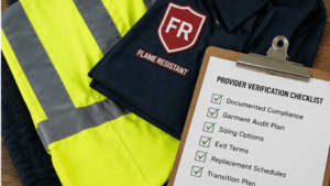 Safety manager inspecting flame resistant and high visibility uniforms before switching providers