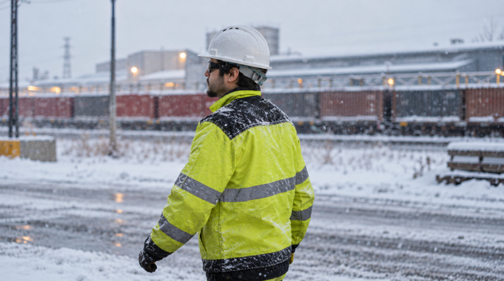 Worker layering a flame resistant outer jacket over a flame resistant uniform in cold weather
