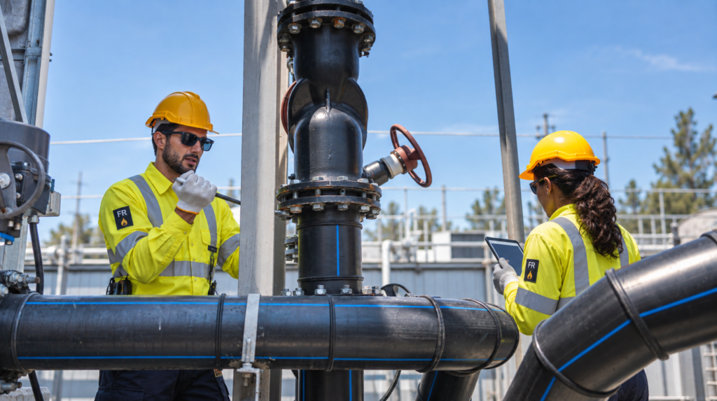 Wastewater treatment facility worker wearing flame resistant and arc rated uniform apparel