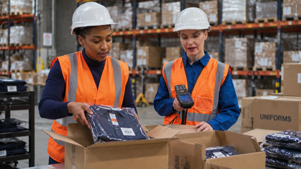 Individually bagged and labeled employee uniform orders ready for bagged by employee distribution